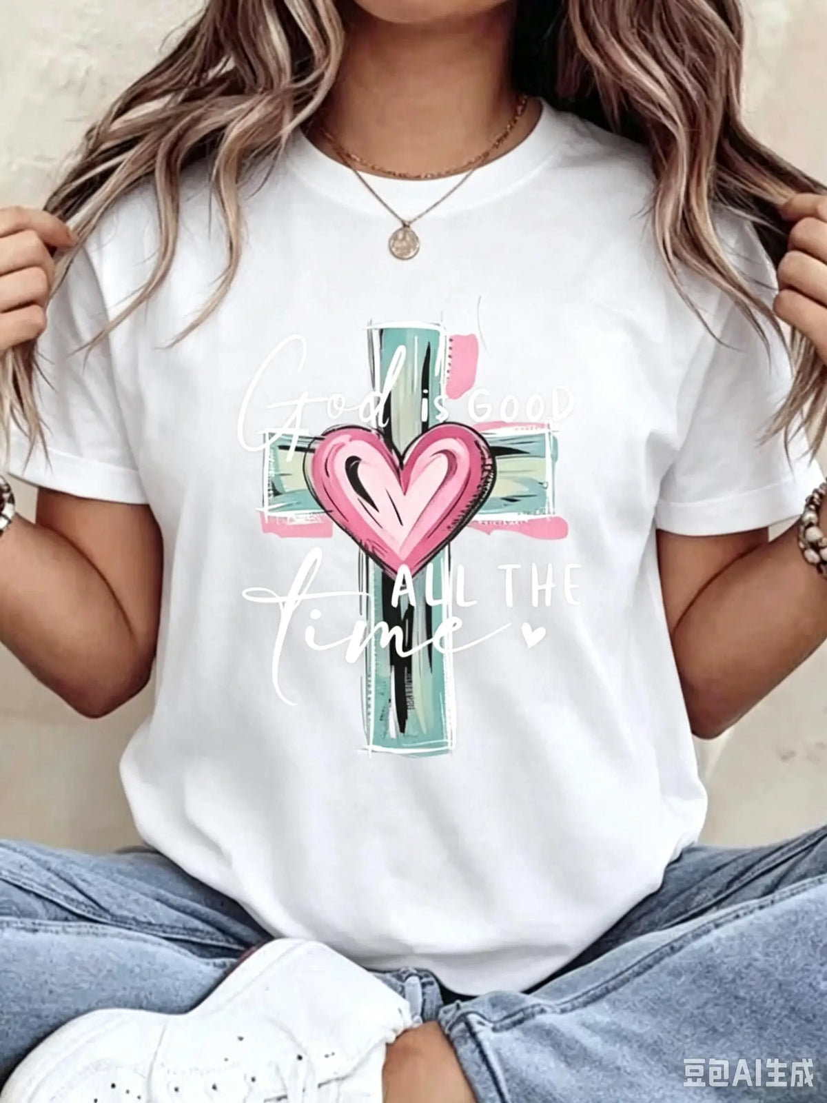 2026 Spring Summer Women Christian Faith Graphic Tee 220g Soft Cotton Crewneck Short Sleeve God Is Good All The Time Cross Heart Print Religious Aesthetic Mother's Day Church Daily Loungewear Novelty Gift Tops S-7XL Fast Ship