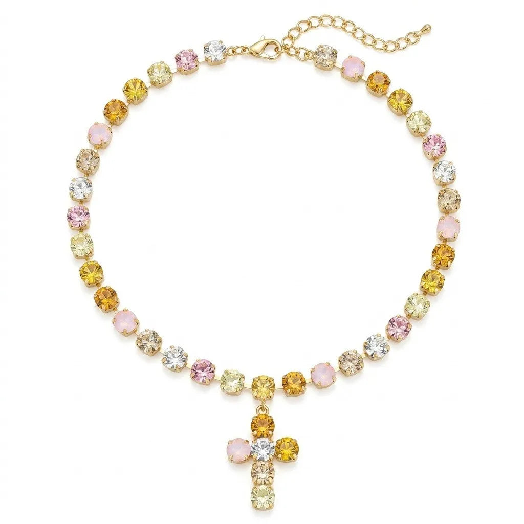 Gemstone inlaid colorful multi-layer stacked fashion ins fringed cross necklace zircon color