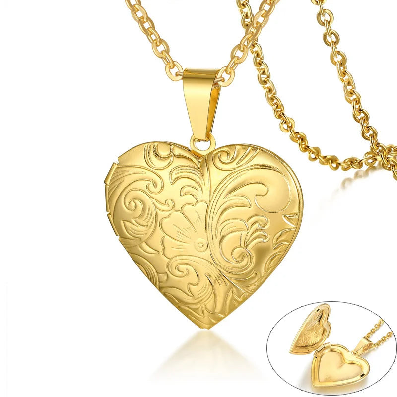 Delicate Floral Oval Heart Locket Pendant Necklaces for Women,Stainless Steel Photo Frame Promise Love Keepsake Gift