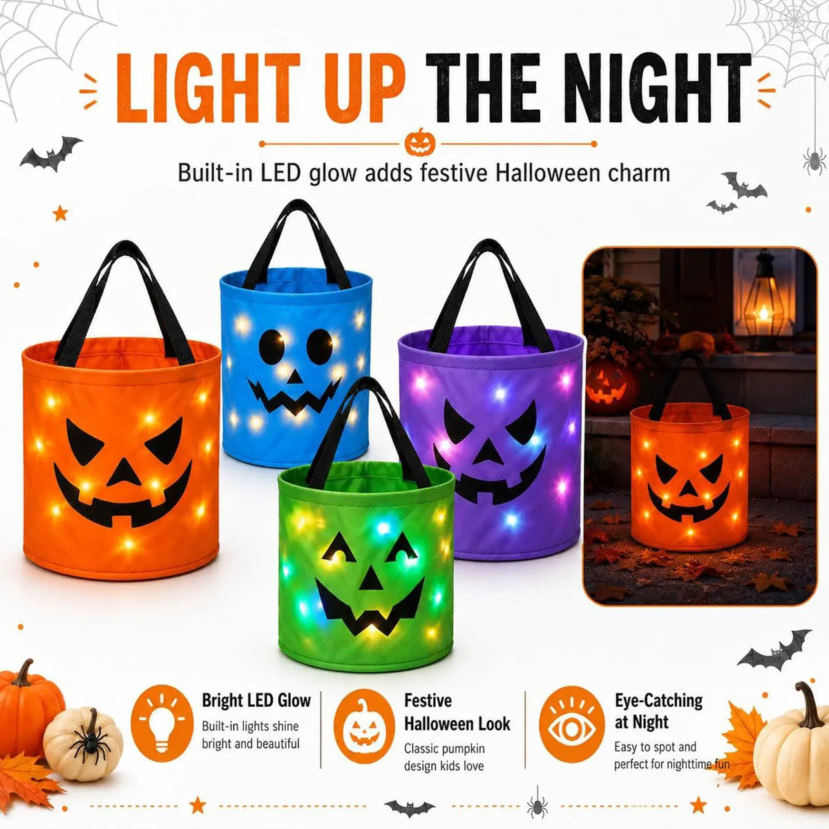 LED Light Up Halloween Pumpkin Candy Basket for Kids