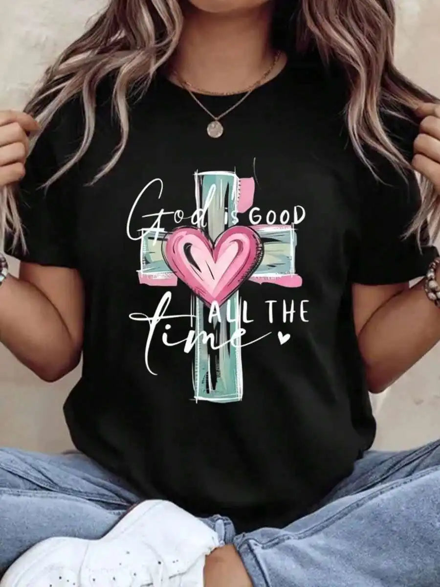 2026 Spring Summer Women Christian Faith Graphic Tee 220g Soft Cotton Crewneck Short Sleeve God Is Good All The Time Cross Heart Print Religious Aesthetic Mother's Day Church Daily Loungewear Novelty Gift Tops S-7XL Fast Ship