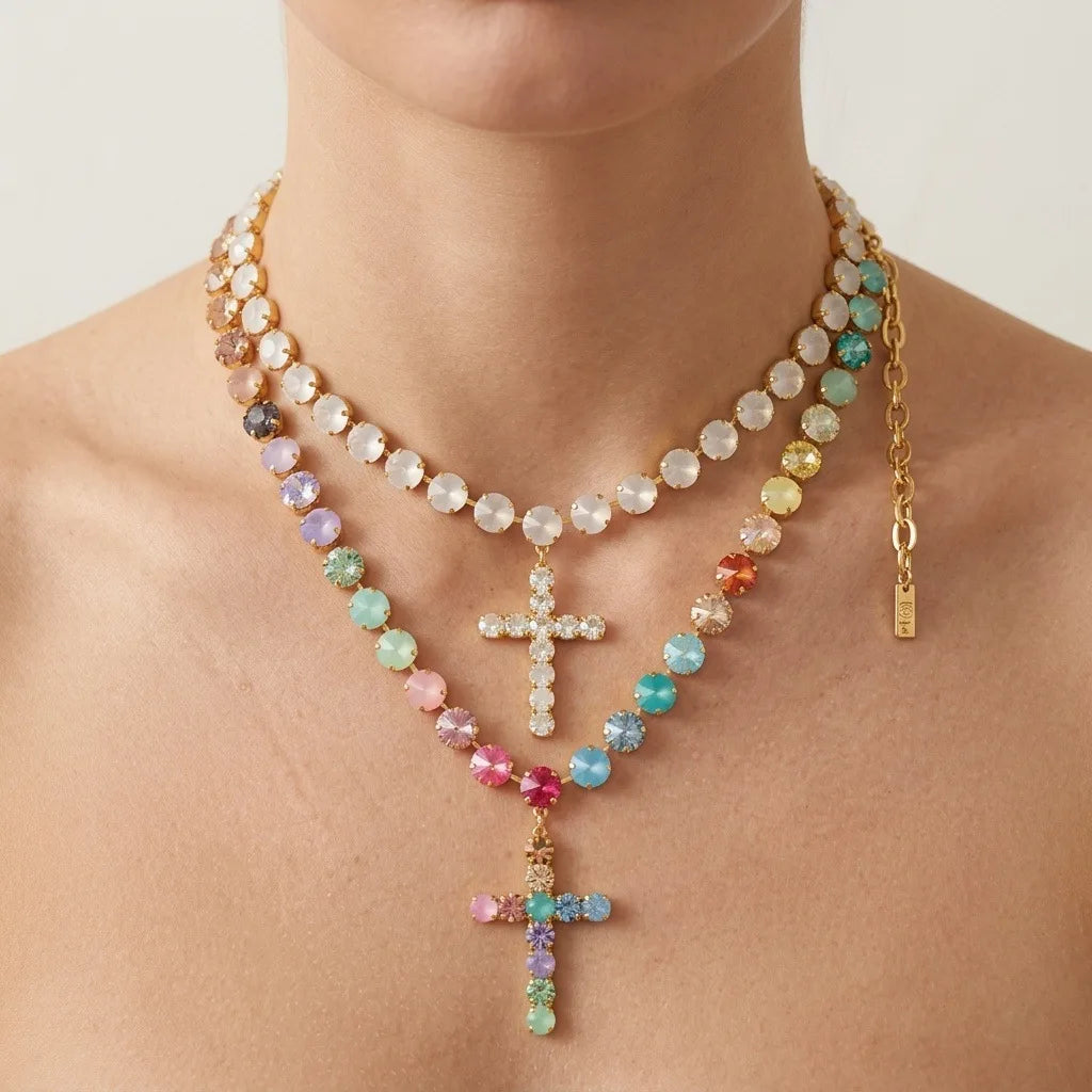 Gemstone inlaid colorful multi-layer stacked fashion ins fringed cross necklace zircon color