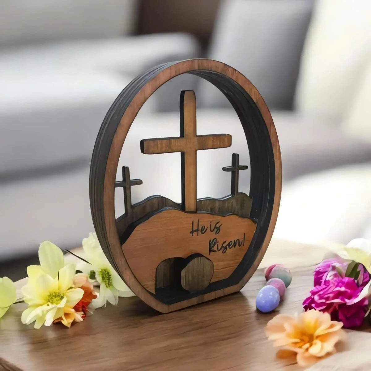 Empty Tomb Easter Scene and Cross 3D Decoration, Wooden Easter Resurrection Scene Cross Jesus Tomb Tray, Jesus Nativity Scene