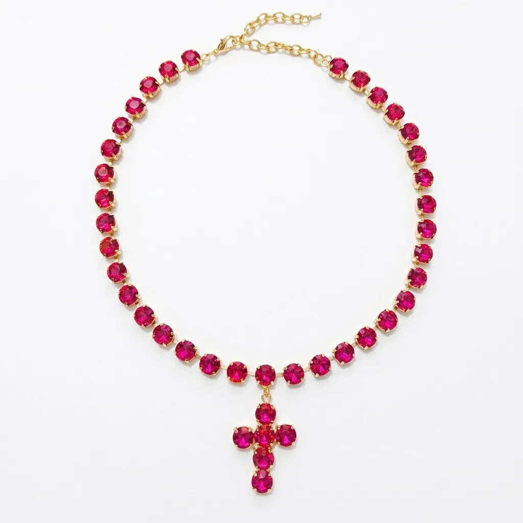 Gemstone inlaid colorful multi-layer stacked fashion ins fringed cross necklace zircon color