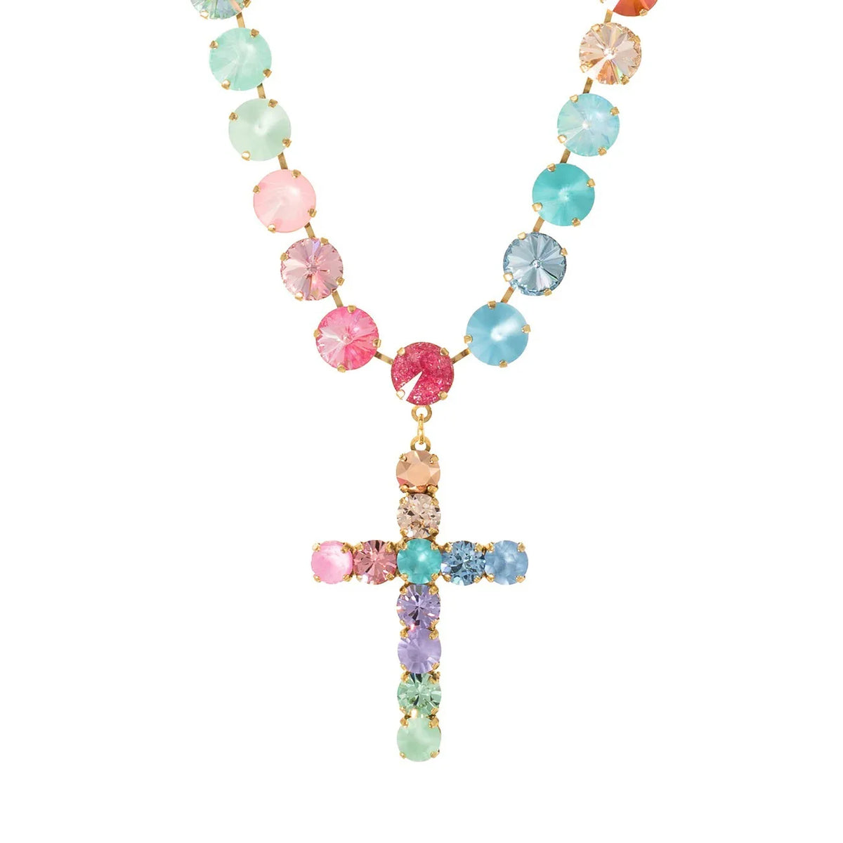 Gemstone inlaid colorful multi-layer stacked fashion ins fringed cross necklace zircon color