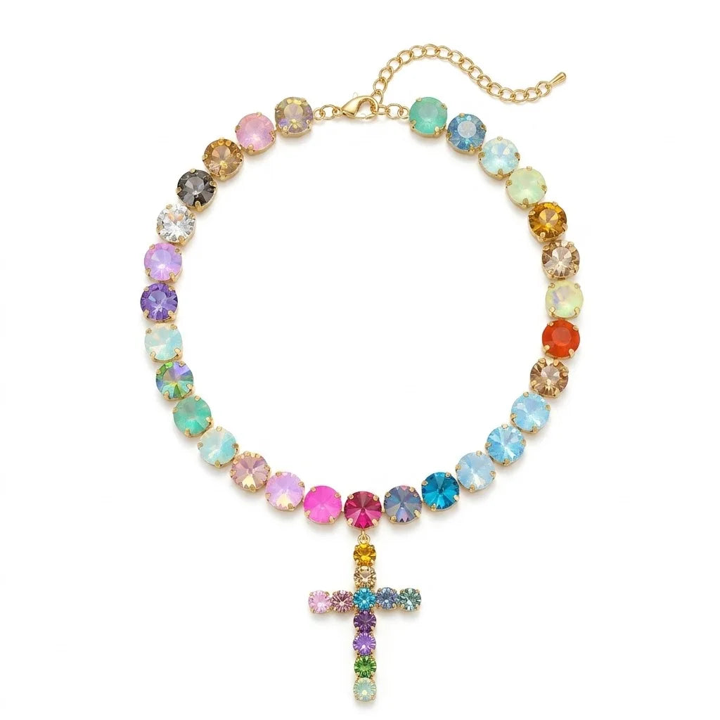 Gemstone inlaid colorful multi-layer stacked fashion ins fringed cross necklace zircon color