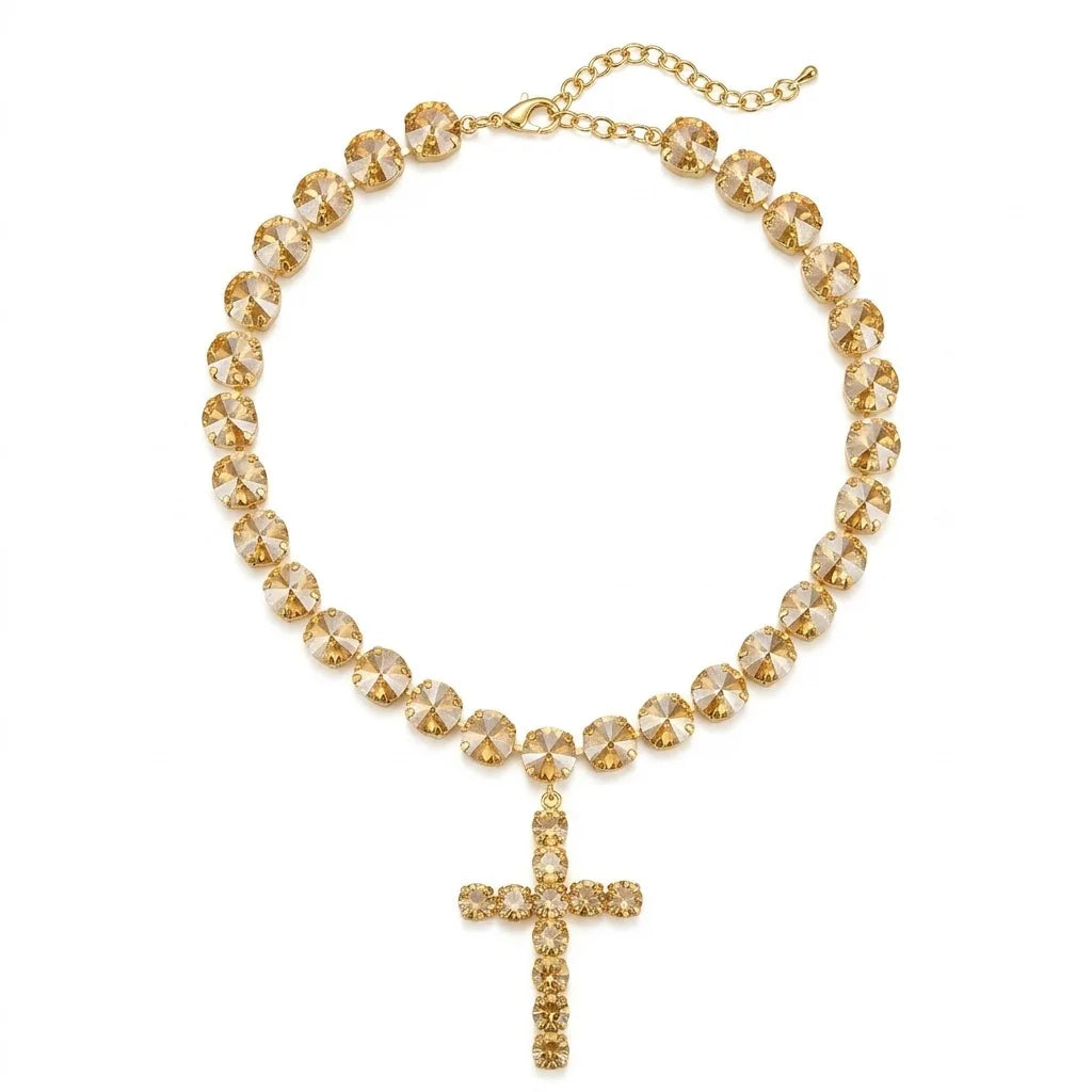 Gemstone inlaid colorful multi-layer stacked fashion ins fringed cross necklace zircon color