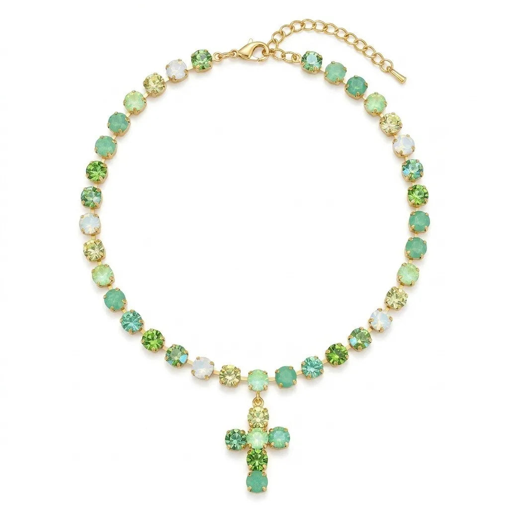Gemstone inlaid colorful multi-layer stacked fashion ins fringed cross necklace zircon color