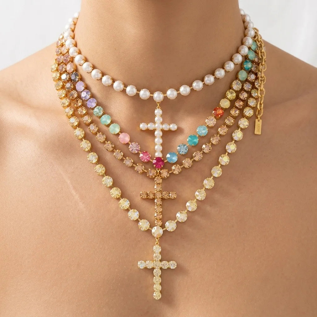 Gemstone inlaid colorful multi-layer stacked fashion ins fringed cross necklace zircon color