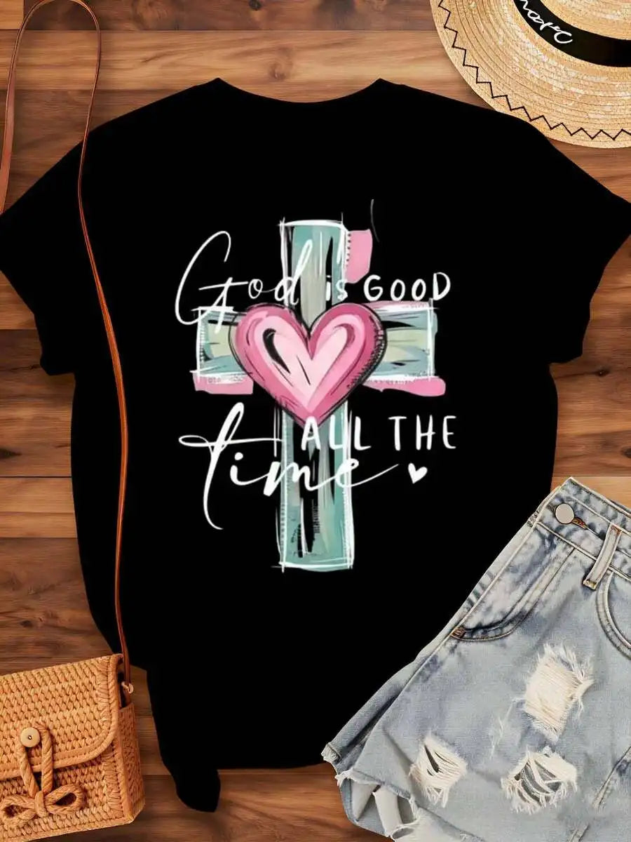 2026 Spring Summer Women Christian Faith Graphic Tee 220g Soft Cotton Crewneck Short Sleeve God Is Good All The Time Cross Heart Print Religious Aesthetic Mother's Day Church Daily Loungewear Novelty Gift Tops S-7XL Fast Ship
