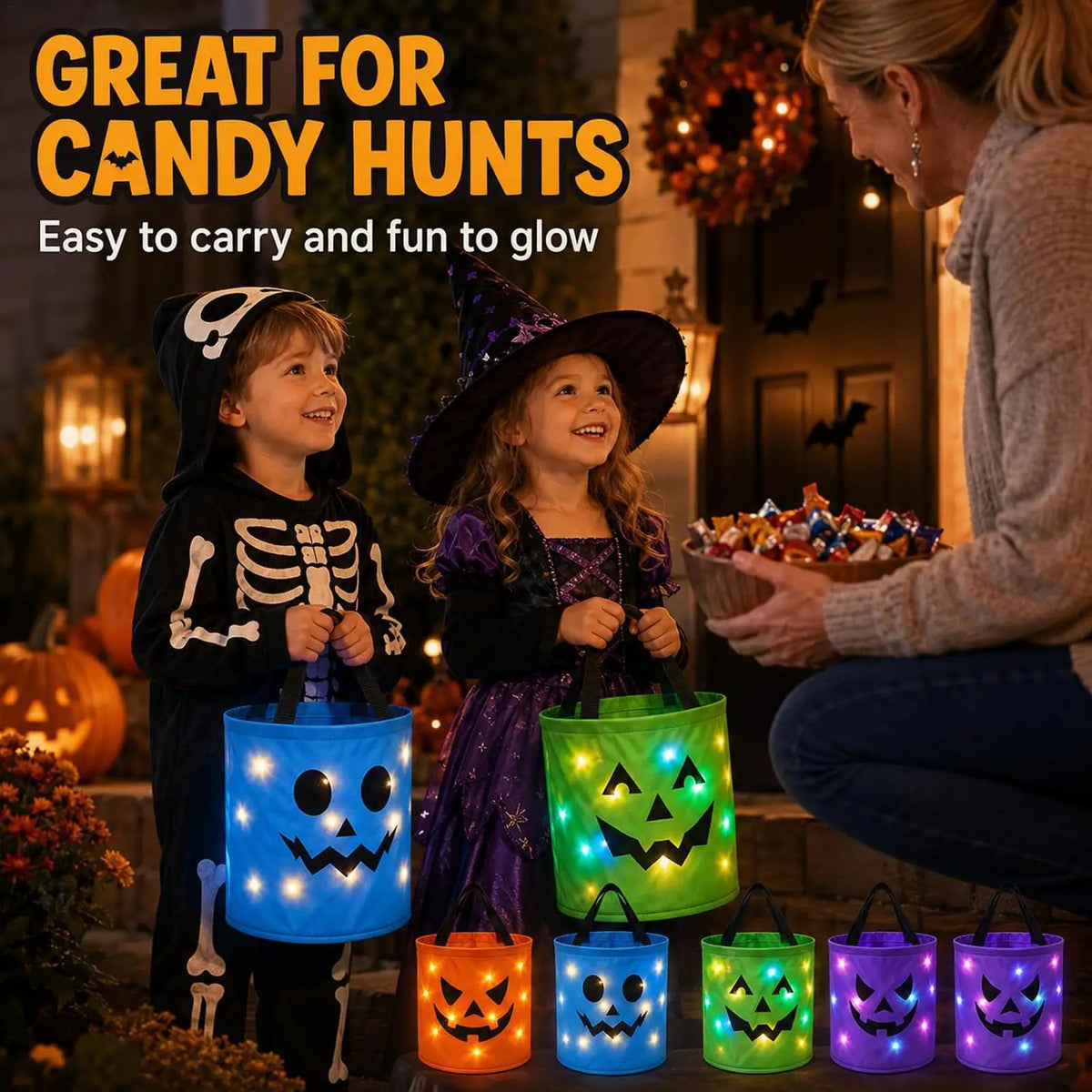 LED Light Up Halloween Pumpkin Candy Basket for Kids