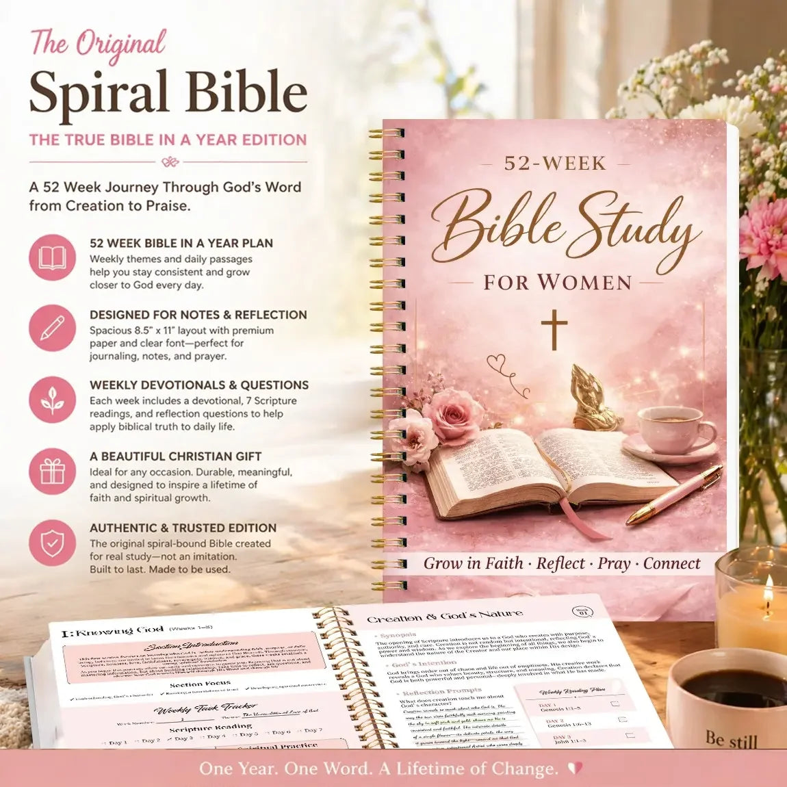 52-Week Women’s Bible Study Spiral Notebook and Prayer Journal